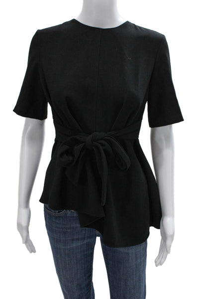 Zara Woman Women Tunic Blouse Black Round Neck Short Sleeve Tie Size XS