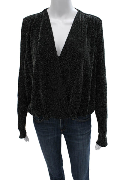 Bailey 44 Womens Basic V Neck Nylon Blouse Long Sleeve Pullover Black Size S