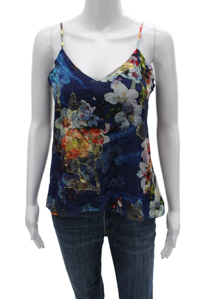 Nicole Miller Women Silk Floral V-Neck Camisole Blue Size S