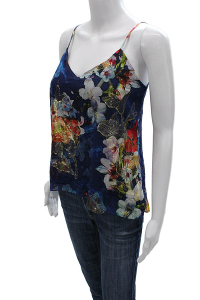 Nicole Miller Women Silk Floral V-Neck Camisole Blue Size S