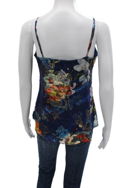 Nicole Miller Women Silk Floral V-Neck Camisole Blue Size S