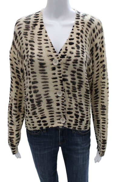 LNA Womens Cardigan Animal Print V-Neck Long Sleeve Beige Acrylic Size XS