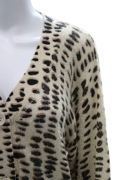 LNA Womens Cardigan Animal Print V-Neck Long Sleeve Beige Acrylic Size XS