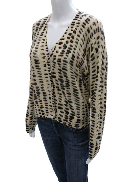 LNA Womens Cardigan Animal Print V-Neck Long Sleeve Beige Acrylic Size XS