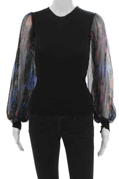 Petit Pois Women Black V-Neck Long Sleeve Basic Blouse Nylon Pullover Size XS