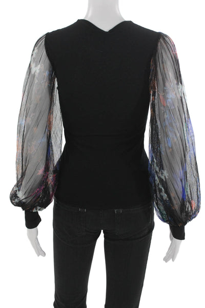 Petit Pois Women Black V-Neck Long Sleeve Basic Blouse Nylon Pullover Size XS