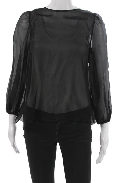Cami Women Black 100% Silk Round Neck Long Sleeve Button Blouse Size XS