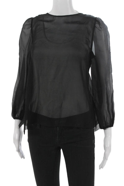 Cami Women Black 100% Silk Round Neck Long Sleeve Button Blouse Size XS
