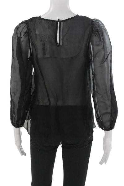 Cami Women Black 100% Silk Round Neck Long Sleeve Button Blouse Size XS