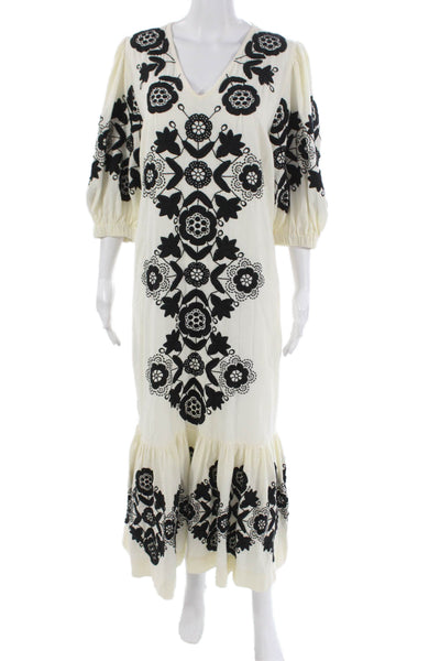 Sea Womens Maxi Floral Cotton V Neck 3/4 Sleeve Dress White Size L