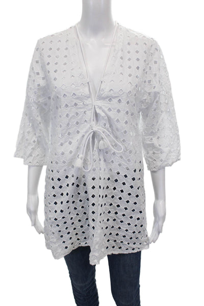 Robin Piccone Women White Cotton V Neck Geometric Long Sleeve Blouse Size S