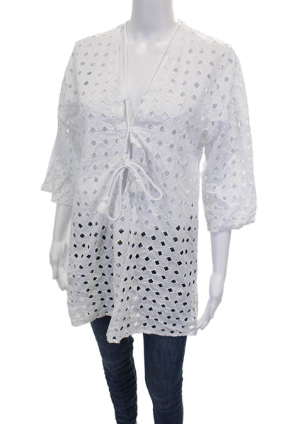 Robin Piccone Women White Cotton V Neck Geometric Long Sleeve Blouse Size S