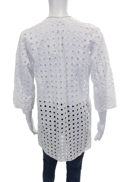 Robin Piccone Women White Cotton V Neck Geometric Long Sleeve Blouse Size S