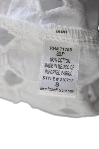 Robin Piccone Women White Cotton V Neck Geometric Long Sleeve Blouse Size S