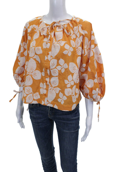 Ted Baker Womens Orange Floral Round Neck 3/4 Sleeve Blouse Size 2