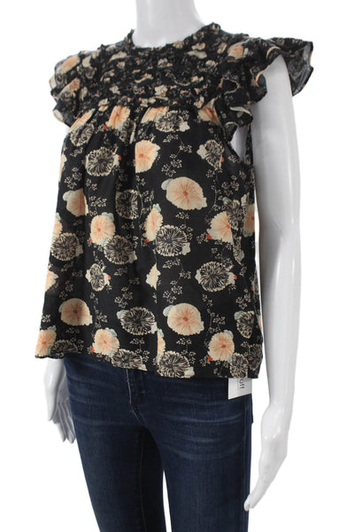 Ulla Johnson Womens Basic Floral Cotton High Neck Cap Sleeve Blouse Size 2