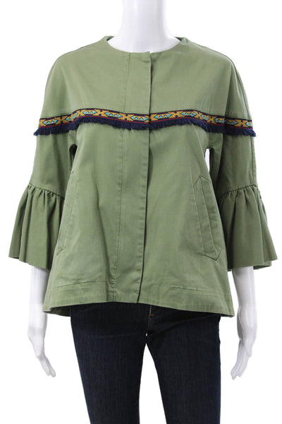 Zara Womens Basic Jacket Green Cotton Blend 3/4 Sleeve Zip Spring Size S