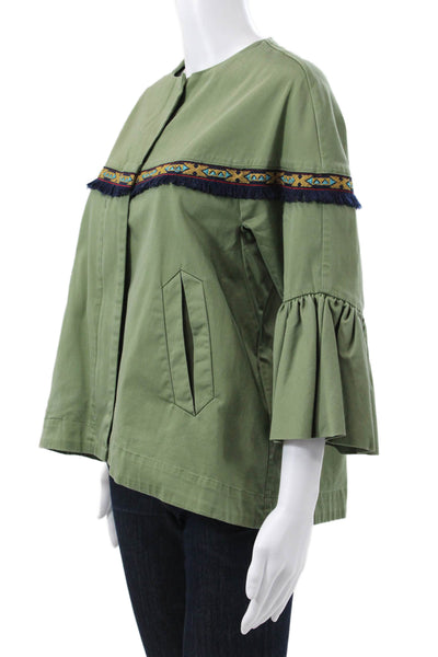 Zara Womens Basic Jacket Green Cotton Blend 3/4 Sleeve Zip Spring Size S