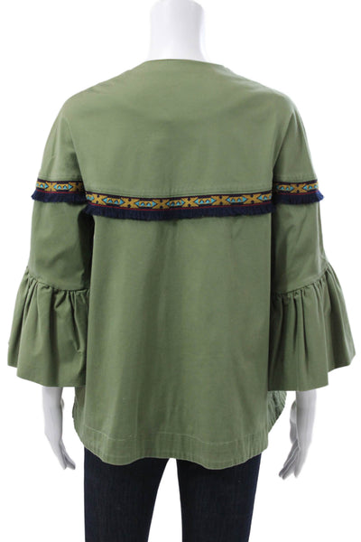 Zara Womens Basic Jacket Green Cotton Blend 3/4 Sleeve Zip Spring Size S