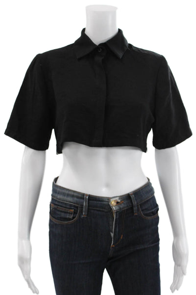 Nonchalant Label Womens Cropped Button Up Short Sleeve Black Top Size XS