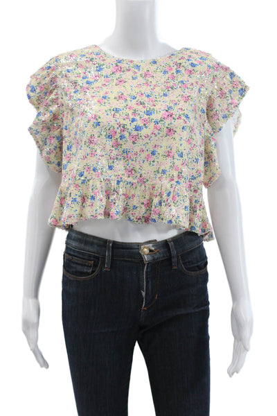 Zara Women Cropped Floral Round Neck Short Sleeve Blouse Multicolor Size M