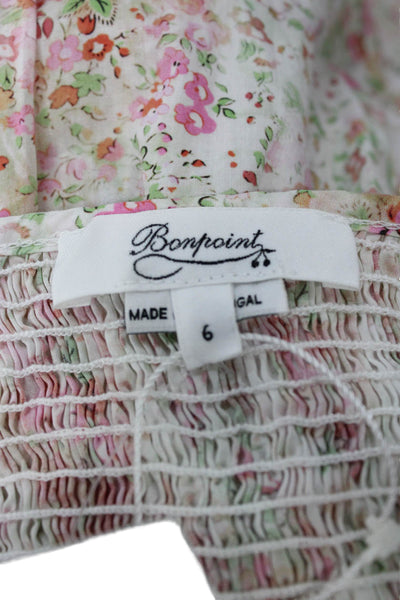 Bonpoint Girls Short Sleeve Square Neck Smocked Floral Top White Pink Size 6