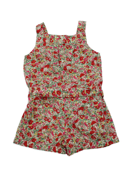Bonpoint Girls Sleeveless Square Neck Floral Belted Romper White Red Size 3M