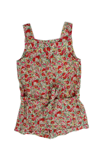 Bonpoint Girls Sleeveless Square Neck Floral Belted Romper White Red Size 3M