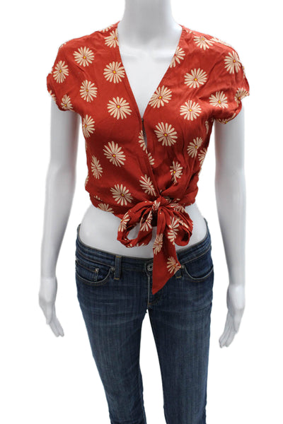 Madewell Womens Cropped Floral V Neck Viscose Blouse Short Sleeve Tie Size 2XS