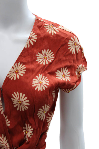 Madewell Womens Cropped Floral V Neck Viscose Blouse Short Sleeve Tie Size 2XS