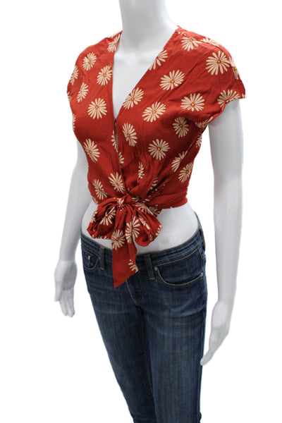 Madewell Womens Cropped Floral V Neck Viscose Blouse Short Sleeve Tie Size 2XS