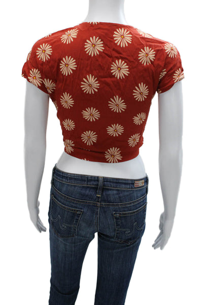 Madewell Womens Cropped Floral V Neck Viscose Blouse Short Sleeve Tie Size 2XS