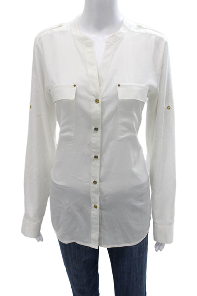 Calvin Klein Women Tunic Blouse White V-Neck Long Sleeve Button Size M