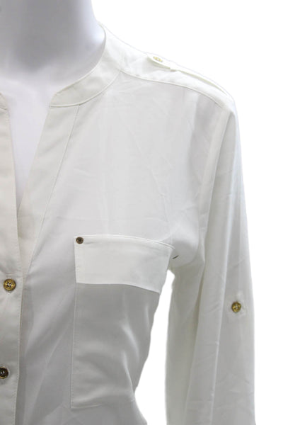 Calvin Klein Women Tunic Blouse White V-Neck Long Sleeve Button Size M