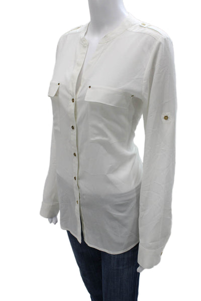 Calvin Klein Women Tunic Blouse White V-Neck Long Sleeve Button Size M