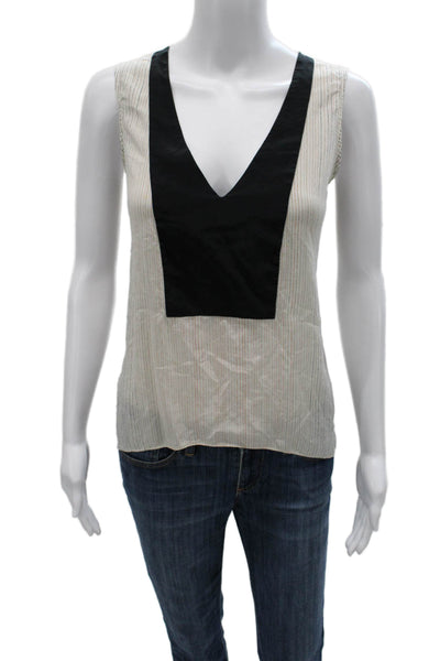 BCBGMAXAZRIA Womens White Silk Striped V-Neck Sleeveless Basic Tank Size S
