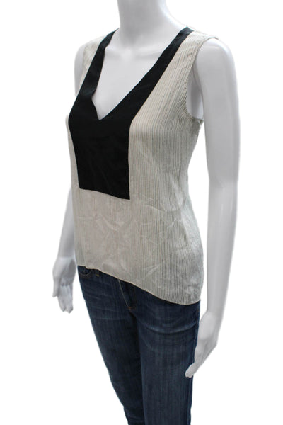 BCBGMAXAZRIA Womens White Silk Striped V-Neck Sleeveless Basic Tank Size S