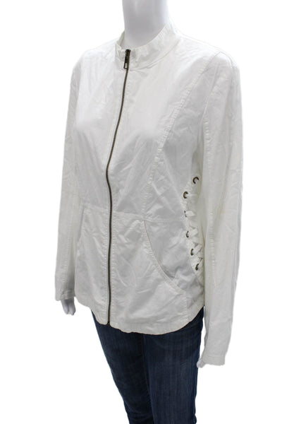 XCVI Womens Basic Jacket White Cotton Mock Neck Zip Long Sleeve Size L