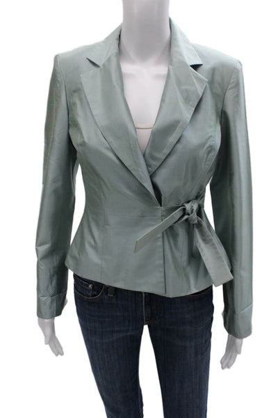 Kay Unger Women Green Silk Wrap Jacket Blazer Long Sleeve Button Size 4
