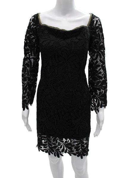 Bardot Women Bodycon Lace Short Dress Black Square Neck Long Sleeve Size L