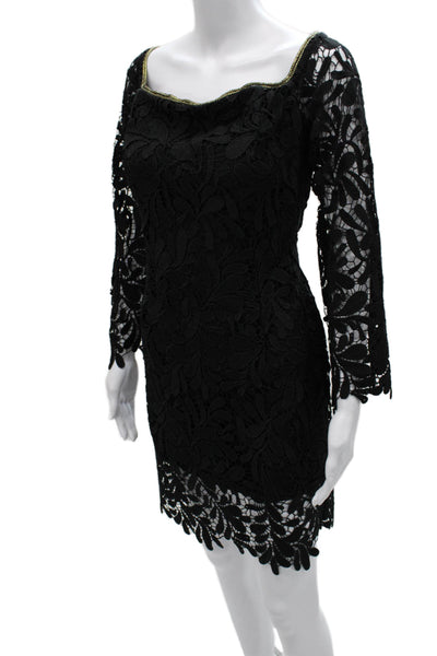 Bardot Women Bodycon Lace Short Dress Black Square Neck Long Sleeve Size L