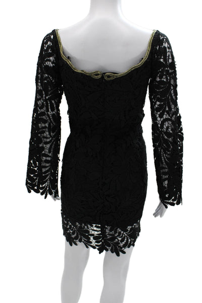 Bardot Women Bodycon Lace Short Dress Black Square Neck Long Sleeve Size L