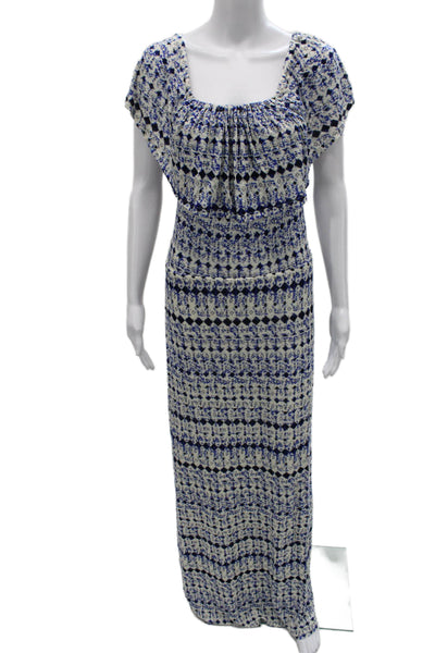 Ella Moss Women Square Neck Blue Geometric Rayon Maxi Dress Short Sleeve Size M