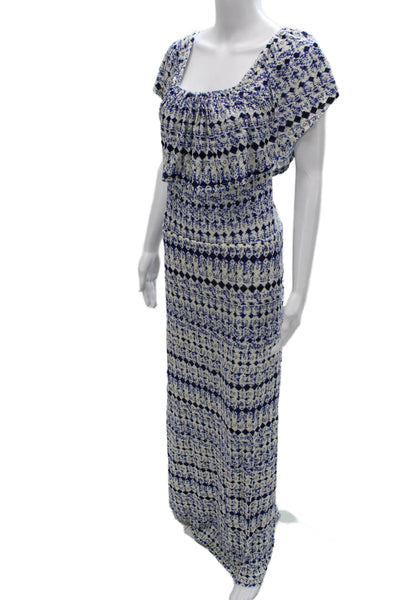 Ella Moss Women Square Neck Blue Geometric Rayon Maxi Dress Short Sleeve Size M