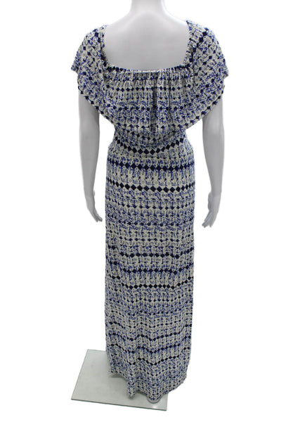 Ella Moss Women Square Neck Blue Geometric Rayon Maxi Dress Short Sleeve Size M