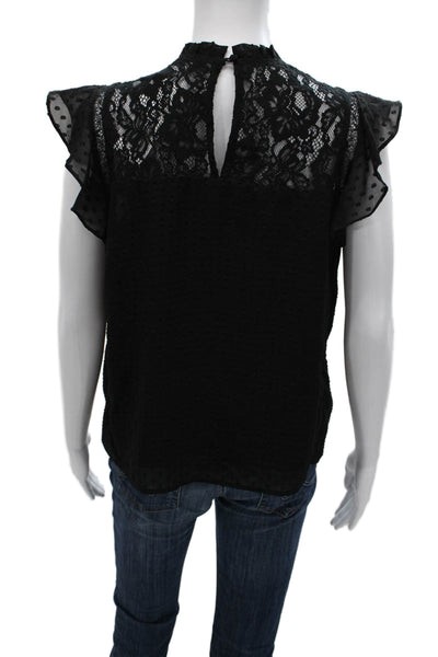 Heartloom Women Black Polka Dot High Neck Short Sleeve Nylon Blouse Size S