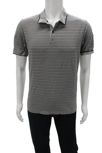 Theory Mens Short Sleeve Collared Striped Knit Polo Shirt Gray Size Large