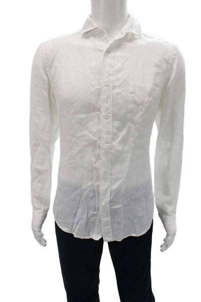 Hartford Mens Button Front Collared Linen Pocket Shirt White Size Small