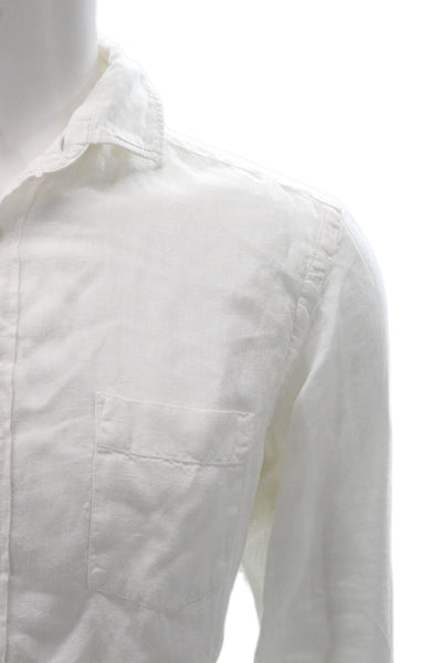 Hartford Mens Button Front Collared Linen Pocket Shirt White Size Small