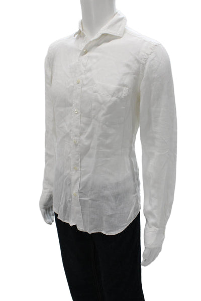 Hartford Mens Button Front Collared Linen Pocket Shirt White Size Small